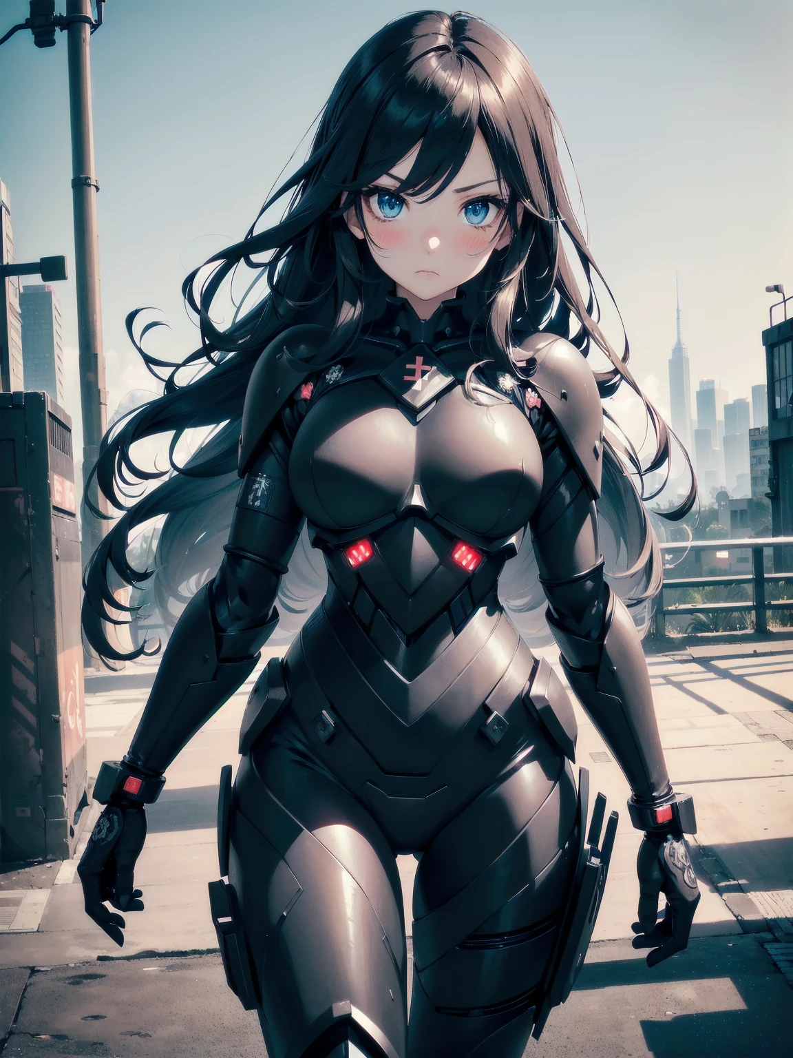A pretty woman, 1 woman, Japanese, Alone, ((black metal plug suit:1.3)), ((many decorations plug suit), ((battle suit)), ((masterpiece)), ((Best Quality)), (ultra detailed), ((kawaii)), Beautiful, (beautiful), ((extremely detailed)), 4k, (8k), Best Quality, (beautiful), illustration, Worthy, (blow to the body), (Midnight, city, battlefield), (long black hair), Hair blowing in the wind, beautiful blue eyes, ((beautiful eyes)), lip, serious expression, blush, bright,