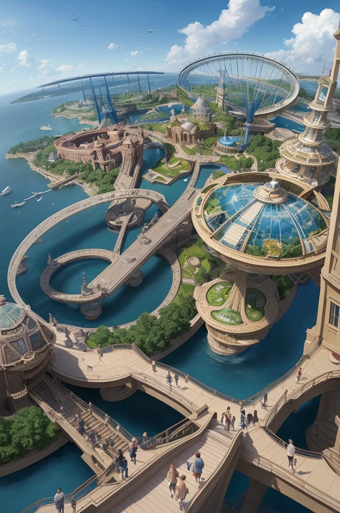 Create a floating walkway overlooking the entire theme park. The walkway should be transparent, with digital art and projection mapping landscapes visible below. The design should be sleek and modern, offering breathtaking views.