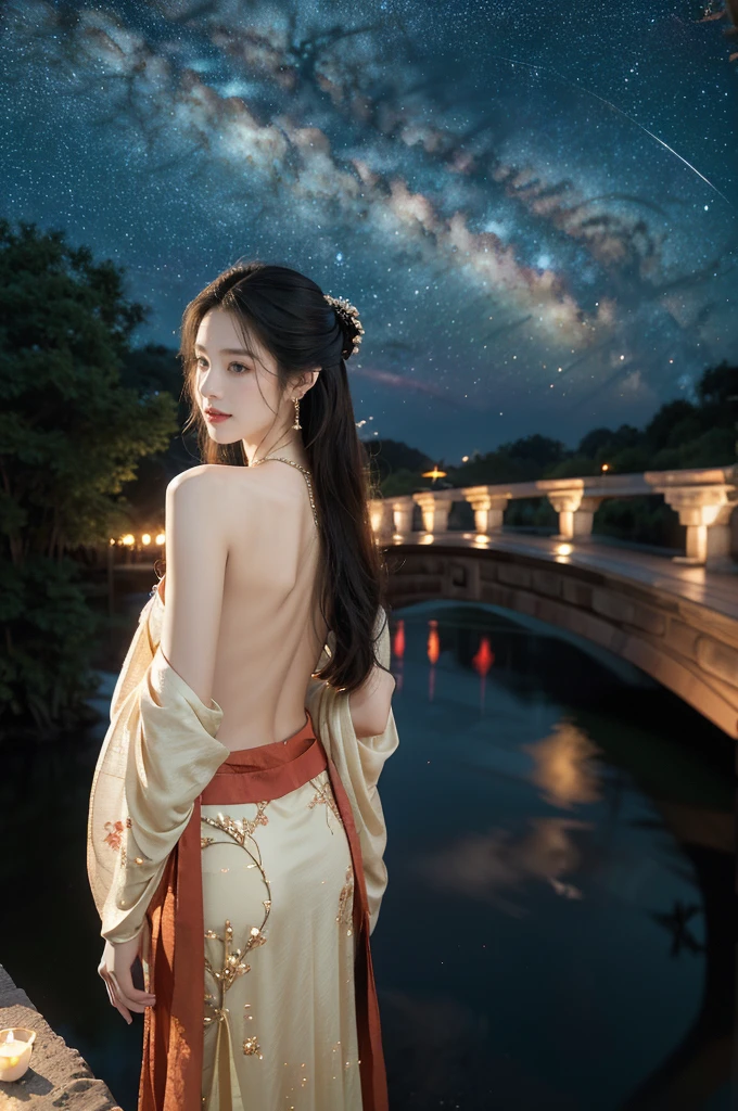 (((best quality))),(((ultra detailed))),(((masterpiece))),illustration,((1 beautiful girl,solo)),(shoulder length straight hair:1.2),((earrings,necklace)),((slim,thin)),((bare back,towering hips,butt crack)),(gorgeous red gauze Hanfu:1.3),(standing:1.3),(on the stone arch bridge:1.3),((starry sky,the Milky Way,horizon)),elegance, grace, sophisticated updo, delicate hairpins, twinkling stars, radiant smile, bright eyes, wonder, beauty of the night sky, intricate patterns, flowers, birds, vibrant colors, ethereal, enchanting, old bridge, weathered, sturdy, natural surroundings, serene, peaceful atmosphere, rippling water, stars, graceful silhouette, magic, tranquility, twinkling stars, mesmerizing canopy of light, cool air, crisp, faint scent of blooming flowers, contemplation, admiration, ancient China, timeless, rich culture, traditions, captivating, enchanting atmosphere, myth, legend,((from back,upper body))