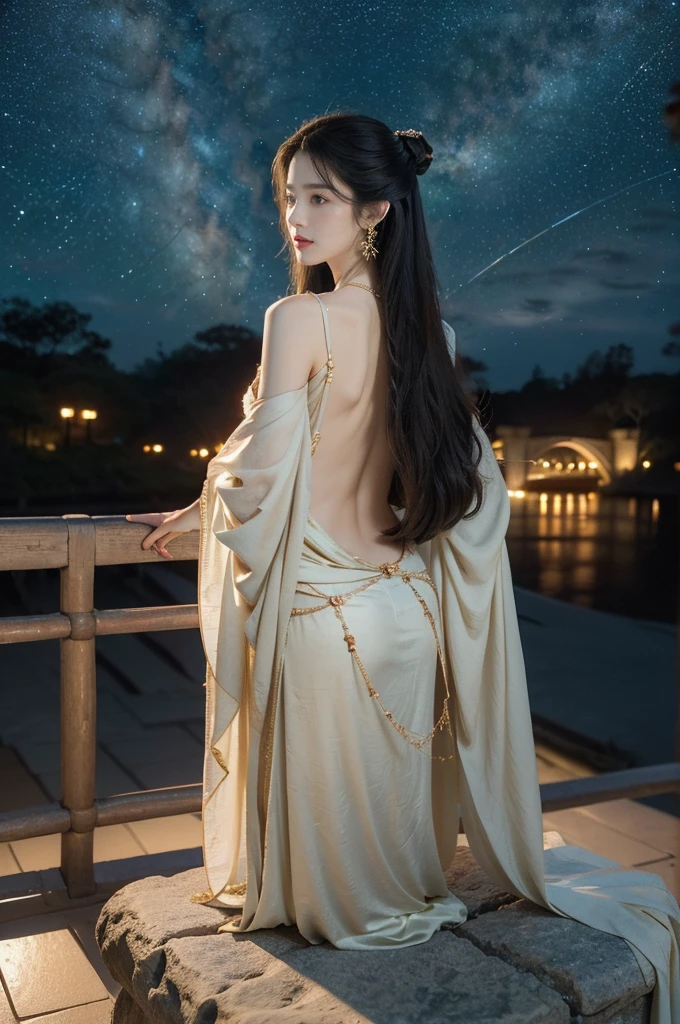 (((best quality))),(((ultra detailed))),(((masterpiece))),illustration,((1 beautiful girl,solo)),(shoulder length straight hair:1.2),((earrings,necklace)),((slim,thin)),((bare back,towering hips,butt crack)),(gorgeous red gauze Hanfu:1.3),(standing:1.3),(on the stone arch bridge:1.3),((starry sky,the Milky Way,horizon)),elegance, grace, sophisticated updo, delicate hairpins, twinkling stars, radiant smile, bright eyes, wonder, beauty of the night sky, intricate patterns, flowers, birds, vibrant colors, ethereal, enchanting, old bridge, weathered, sturdy, natural surroundings, serene, peaceful atmosphere, rippling water, stars, graceful silhouette, magic, tranquility, twinkling stars, mesmerizing canopy of light, cool air, crisp, faint scent of blooming flowers, contemplation, admiration, ancient China, timeless, rich culture, traditions, captivating, enchanting atmosphere, myth, legend,((from back,upper body))