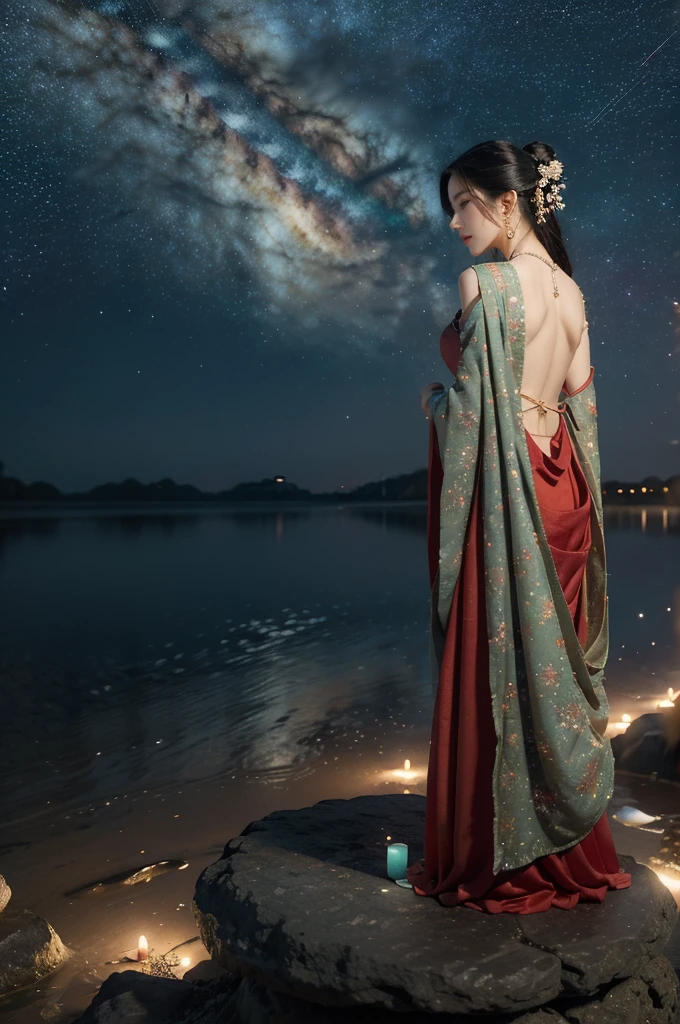 (((best quality))),(((ultra detailed))),(((masterpiece))),illustration,((1 beautiful girl,solo)),(shoulder length straight hair:1.2),((earrings,necklace)),((slim,thin)),((bare back,towering hips,butt crack)),(gorgeous red gauze Hanfu:1.3),(standing:1.3),(on the stone arch bridge:1.3),((starry sky,the Milky Way,horizon)),elegance, grace, sophisticated updo, delicate hairpins, twinkling stars, radiant smile, bright eyes, wonder, beauty of the night sky, intricate patterns, flowers, birds, vibrant colors, ethereal, enchanting, old bridge, weathered, sturdy, natural surroundings, serene, peaceful atmosphere, rippling water, stars, graceful silhouette, magic, tranquility, twinkling stars, mesmerizing canopy of light, cool air, crisp, faint scent of blooming flowers, contemplation, admiration, ancient China, timeless, rich culture, traditions, captivating, enchanting atmosphere, myth, legend,((from back,upper body))