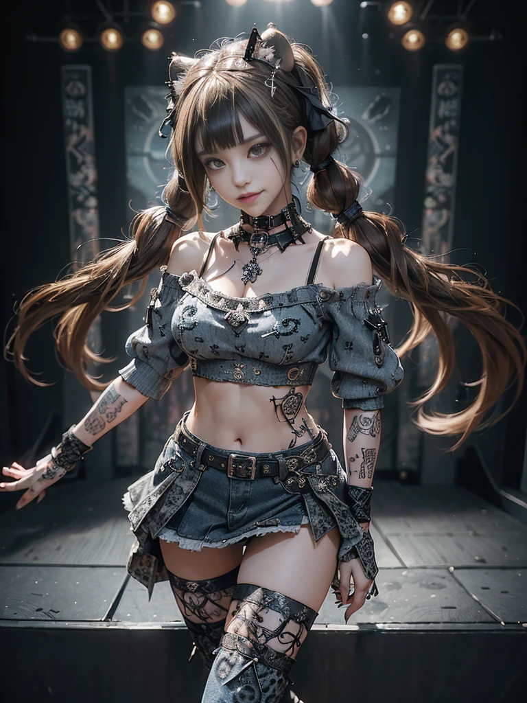 (Full Body View:1.2)、(Smiling with teeth showing:1.3),(Hollywood actress:1.5)、(Gothic Lolita style fashion:1.5)、(Punk RockVisual Kei:1.5)、(Wearing a sweater with intricate decoration:1.4)、(A mini skirt with delicate white, denim and charcoal embellishments.:1.5)、(Denim, light blue and leopard print boots:1.3)、((belt))、(Numerous intricate patterns all over the costume:1.4)、(collar:1.3)、(Leopard print underwear:1.5)、20-year-old、NSFW、((Highest quality、In 8K、masterpiece:1.3))、Sharp focus:1.2、(Layered Cut、Huge boobs:1.1),Beautiful woman with perfect figure:1.4、(Dancing vigorously:1.3)、Slender Abs:1.2、Highly detailed face and skin texture、Detailed eyes、double eyelid,(Twin tails:1.3)、(Brown-golden hair:1.3)、Gravure idol、(The background is the stage of the fashion show:1.3)、(Slim Body:1.3),(Make your legs thinner:1.4),(clavicle:1.1)