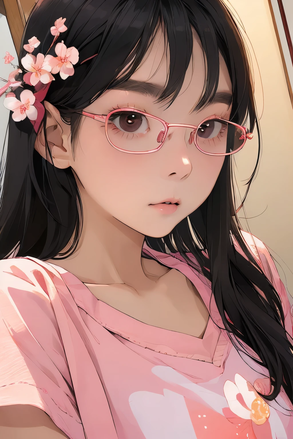 Beautiful and attractive Japanese women、Half-body photo、Delicate and sexy collarbone、Attractive oval face、double eyelid、Bright peach blossom eyes、Pink Lips、Small Nose、Bare shoulders、Concentrated face、Face close-up、Ultra-high resolution、Super detailed、Graceful posture、Red glasses、Ｔshirt、