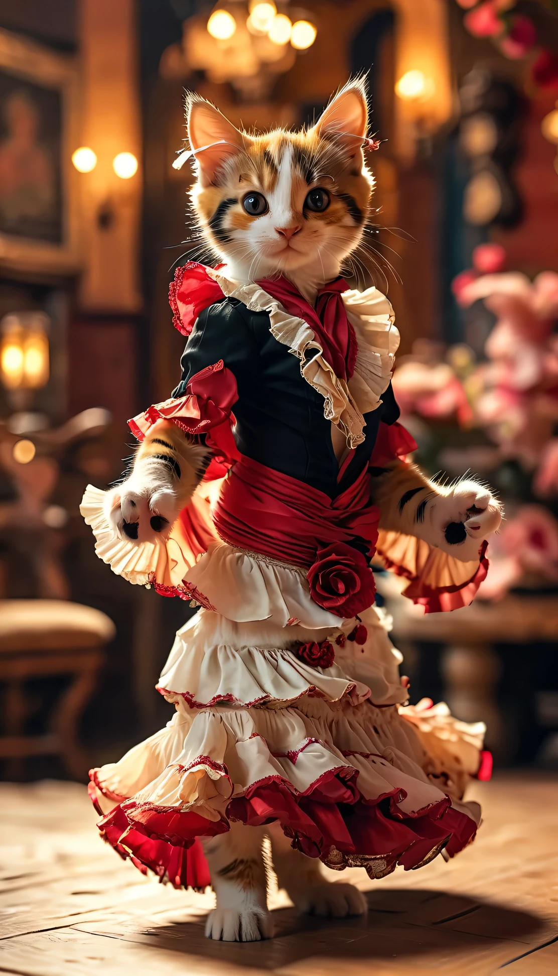 ((8k)), highest quality, 超High resolution, (High resolution), Calico kitten dancing flamenco、Flamenco venue