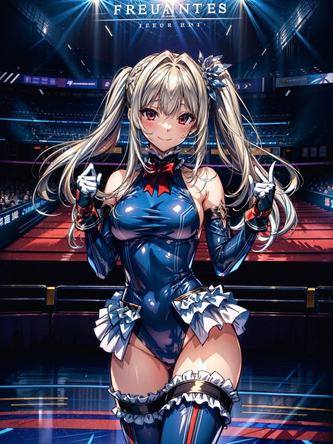 finest masterpiece, Super detailed, Highest quality, Sharp focus, 12k, ultra hi resolution picture, big ,12k,Perfect Anatomy, Highest quality, Marie Rose,Wicked Smile,Provocative attitude
,,Wicked Smile,Anime Style,(frilled swimsuit, thighhighs, detached sleeves), (Anime Style:1.4) ,
,(White fingers:1.1,Black gloves),
(Inside the Arena:1.6),,(whole body:1.3),