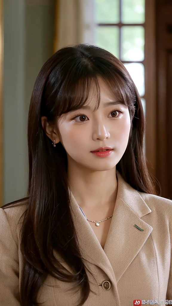 extreme close-up of beautiful beautiful korean female, 34 inch breasts size, wearing as prime minister uniform, in the mansion, cinematic scene, UHD