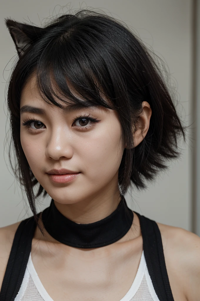 Asiat girl, wolf cut, black eyes, black hair, cute