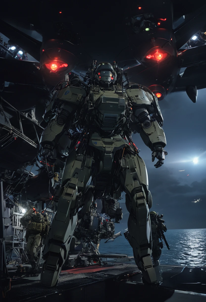 a humanoid military robot in a powered suit-like appearance,about the height of a single person,stylish futuristic design,reactive armors,backpack with parachute for airborne descent,deceleration spray nozzle mechanisms on chest and legs,marine camouflage based on blue,machine gun in one arm,airdropped from military transport plane at night,red light inside plane illuminating robot,dynamic shot of robot flying out of transport plane,coastline of sea at night,(best quality,4k,8k,highres,masterpiece:1.2),ultra-detailed,(realistic,photorealistic,photo-realistic:1.37),cinematic lighting,dramatic atmosphere,military science fiction,mecha,concept art