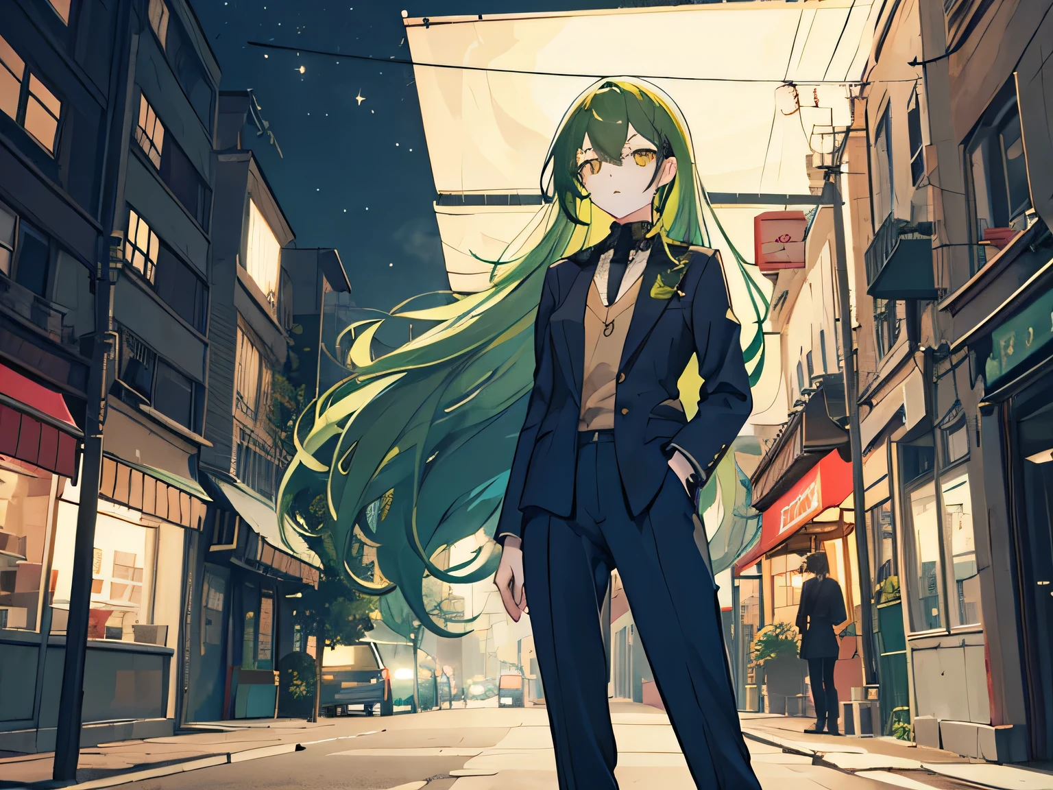 a woman with long dark green hair, yellow eyes, wearing a black suit, standing on a night street