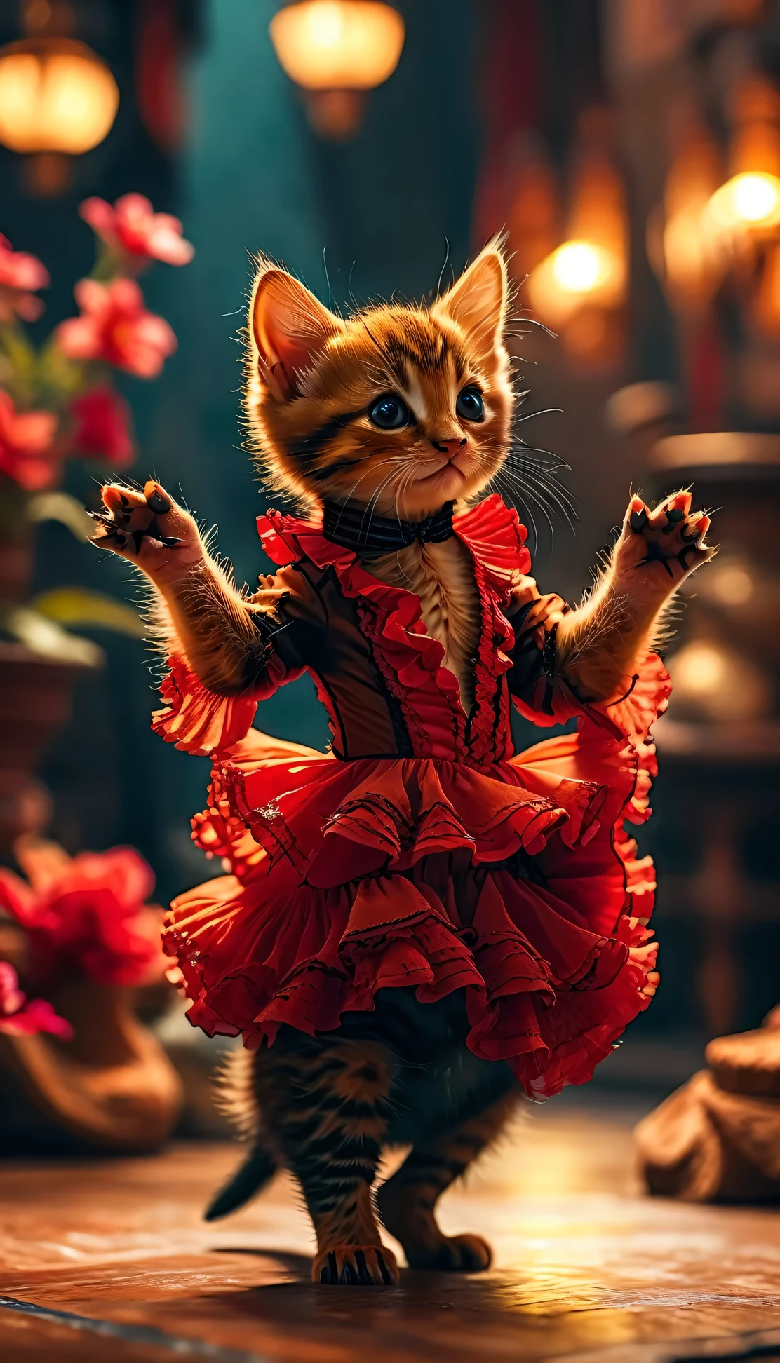 ((8k)), highest quality, 超High resolution, (High resolution), A brown kitten is dancing flamenco、Flamenco venue