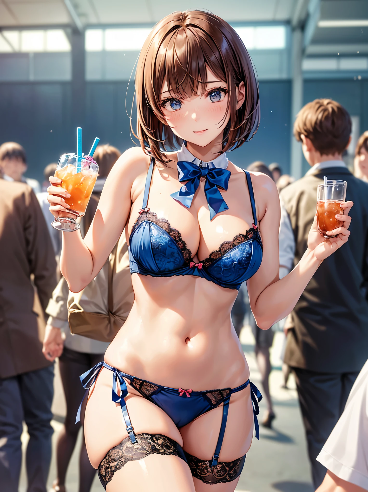 (((masterpiece, Highest quality, High resolution, 超High resolution, Perfect Pixel, Depth of written boundary, 4K, RTTX 10.0))), Beautiful Anime Woman, Beautiful art style, Anime characters, ((Smooth texture, Realistic texture, Anime CG Style)), Perfect and accurate finger count、Exact number of legs、(Exact number of arms:1.0, Exact number of hands:1.0), (Perfect hands, Perfect Anatomy), Cinematic, Realistic, Extremely detailed CG, Daytime lighting, Perfect lighting, Best Shadow, The best natural light, whole body, Perfect body, バランのとれたPerfect body, Perfectly balanced style, Slender body, ((bangs, Reddish brown hair, Bobcut)), ((A cute adult woman is carrying a drink in her hands:1.8)), ((Bow tie around neck:1.3), (Sexy and cute blue underwear:1.3), (Stylish shiny blue satin panties, Side-tie panties, Panties with plain blue center and lace decoration on the sides:1.3), (Thin panties:1.3), (Blue micro lace satin bra, Blue bra with lace trim, Thin bra:1.3), (lace garter belt, Garter Strings, Knee socks:1.3):1.3), (Beautiful big , Cleavage:1.1), (Embarrassed expression:1.7), blush, (Adult Events, Makuhari Messe, Many visitors in the background, A crowded venue, Many men surrounding a woman, The attention of the men around her:1.7), naked, In underwear, パンティとブラとガーターベルトとKnee socksだけ, Angle from the front