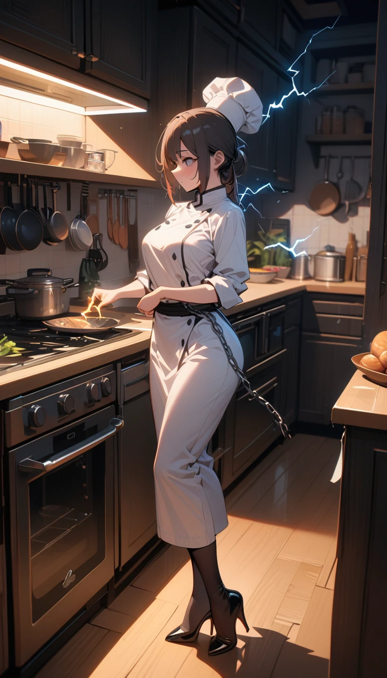 ((best quality)) , ((masterpiece)) , (detailed),1 female,(detailed light), ((lightning in hand)),lightning surrounds,(((lightning chain))),kitchen,Female chef,High heel,((whole body))