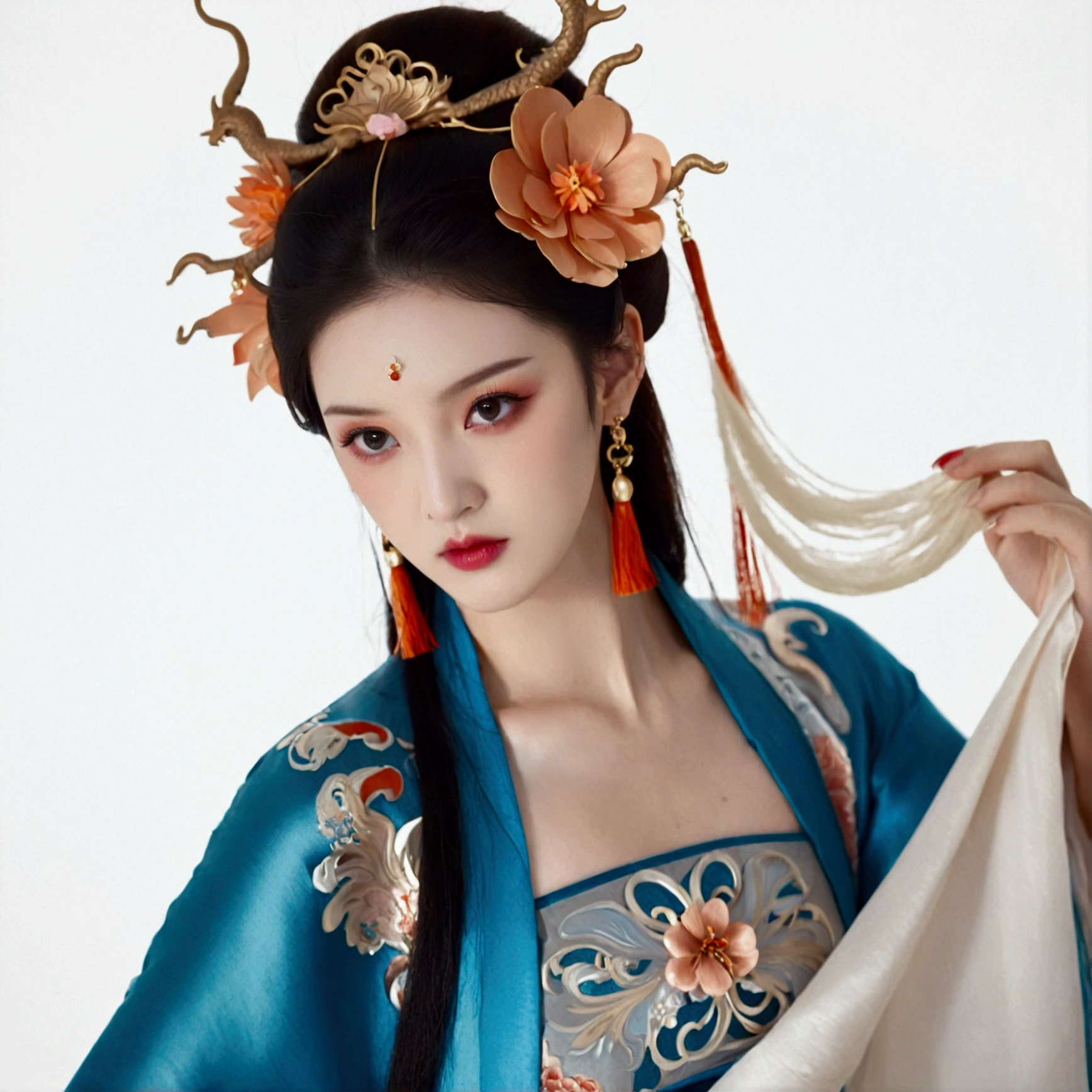 1girl, solo, looking at viewer, black hair, hair ornament, long sleeves, white background, brown eyes, jewelry, closed mouth, upper body, flower, earrings, hair flower, makeup, chinese clothes, tassel, shawl, dragon, hair pulled back, tassel earrings, updo, hanfu