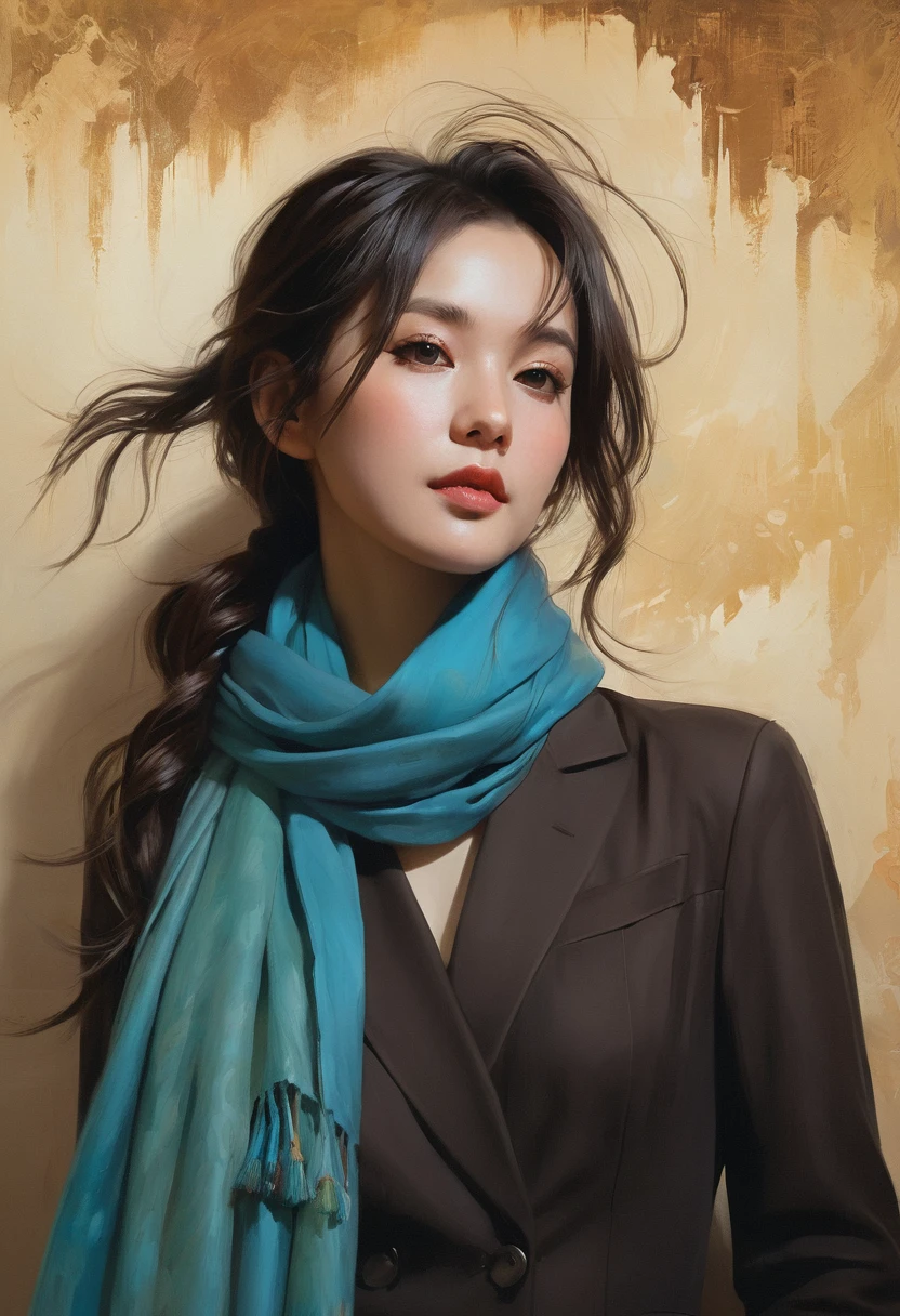 A painting,The woman in the painting wears a scarf around her neck, Craig Mullins Alphonse Mucha, artgerm craig mullins, Beautiful character painting, Lars van Baarle and Louis van Baarle, Artgerm 和 Atey Ghailan, charlie bowater rich dark, Ross Tran 8k, ( ( Mads Berg ) ), artgerm 和 craig mullins