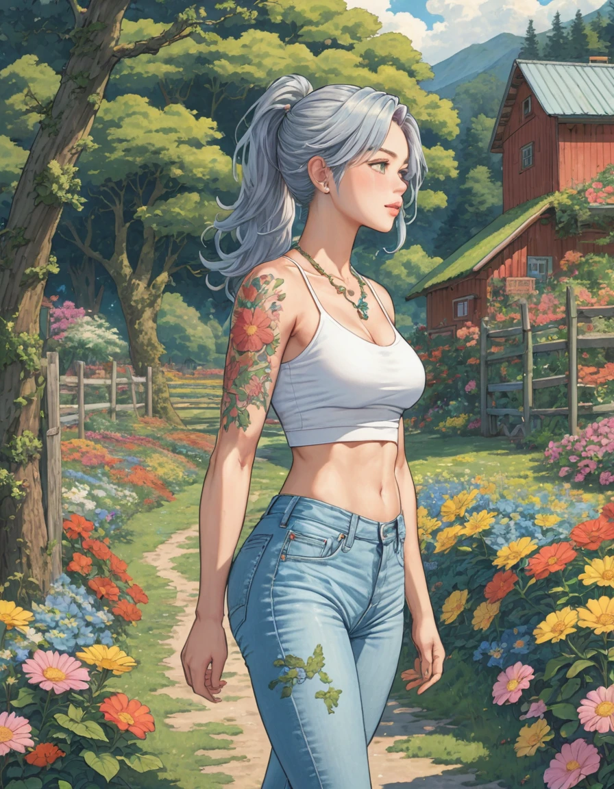 Plant based alien lifeform. covered in moss, bark, flowers. vine like limbs. A colored pencil drawing of a, 1girl, solo, ponytail grey hair, crop top, short tight jeans, parted lips, blush, night, flowers, sun, sunlight, very muscular, large breast, walking in the farm, tattoos in the arms, necklace, shy, white sneakers,

