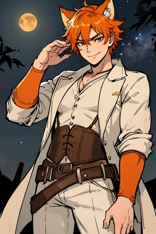 Perfect face. Perfect hands. An orange haired male cowboy with orange eyes and orange fox ears and an orange fox tail in a sheriff's outfit is watching the stars in a wild west town with a big smile