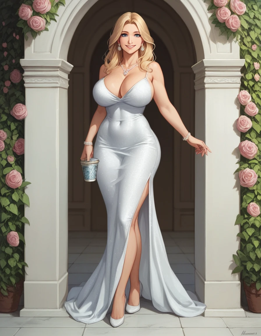 large, heavenly beautiful mom with long blonde hair, blue eyes, long white dress, nice smile, 19 years old, large breasts, facing front, facing viewer, tight fit dress, sexy, triple D cup breasts, round buttocks, bubbly buttocks, full body shot, garden courtyard 