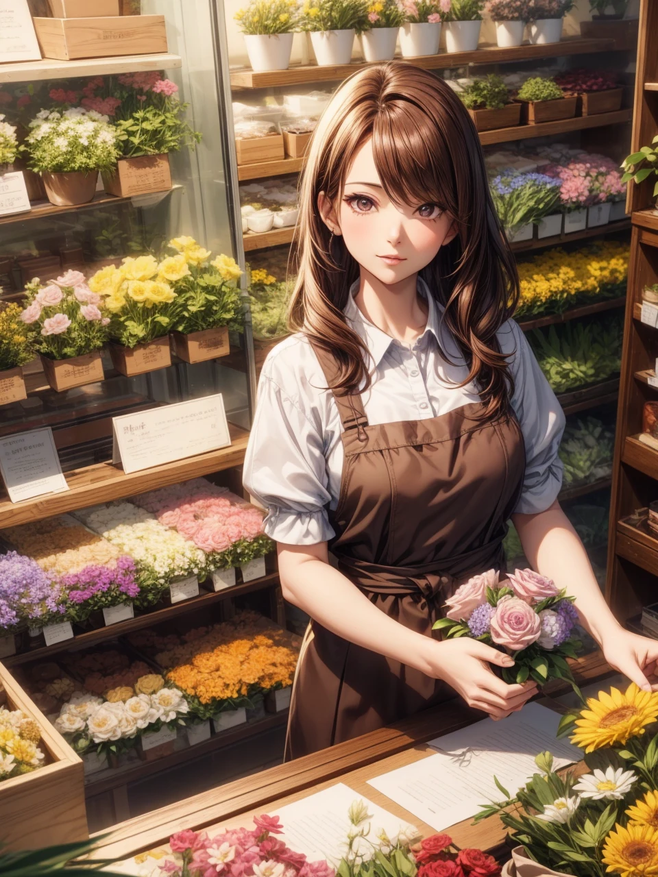 Best Quality, masutepiece, beautiful mature women、Beautiful face、Strong-minded woman、Florist clerk、brown haired、Brown-eyed、Longhaire、Flower shop、Full body like、Undersized eyes, Ponytails, red head,