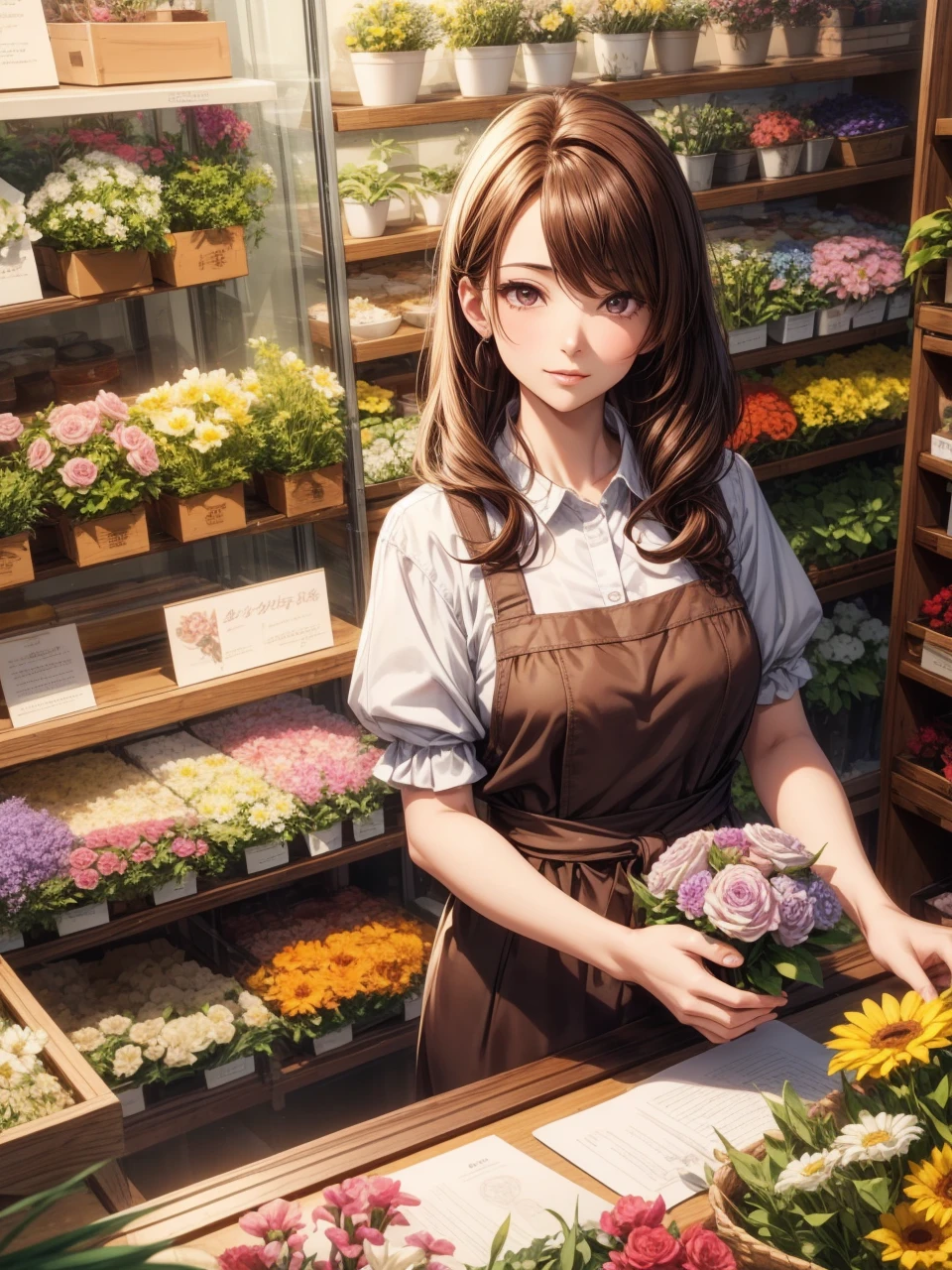 Best Quality, masutepiece, beautiful mature women、Beautiful face、Strong-minded woman、Florist clerk、brown haired、Brown-eyed、Longhaire、Flower shop、Full body like、Undersized eyes, Ponytails, red head,