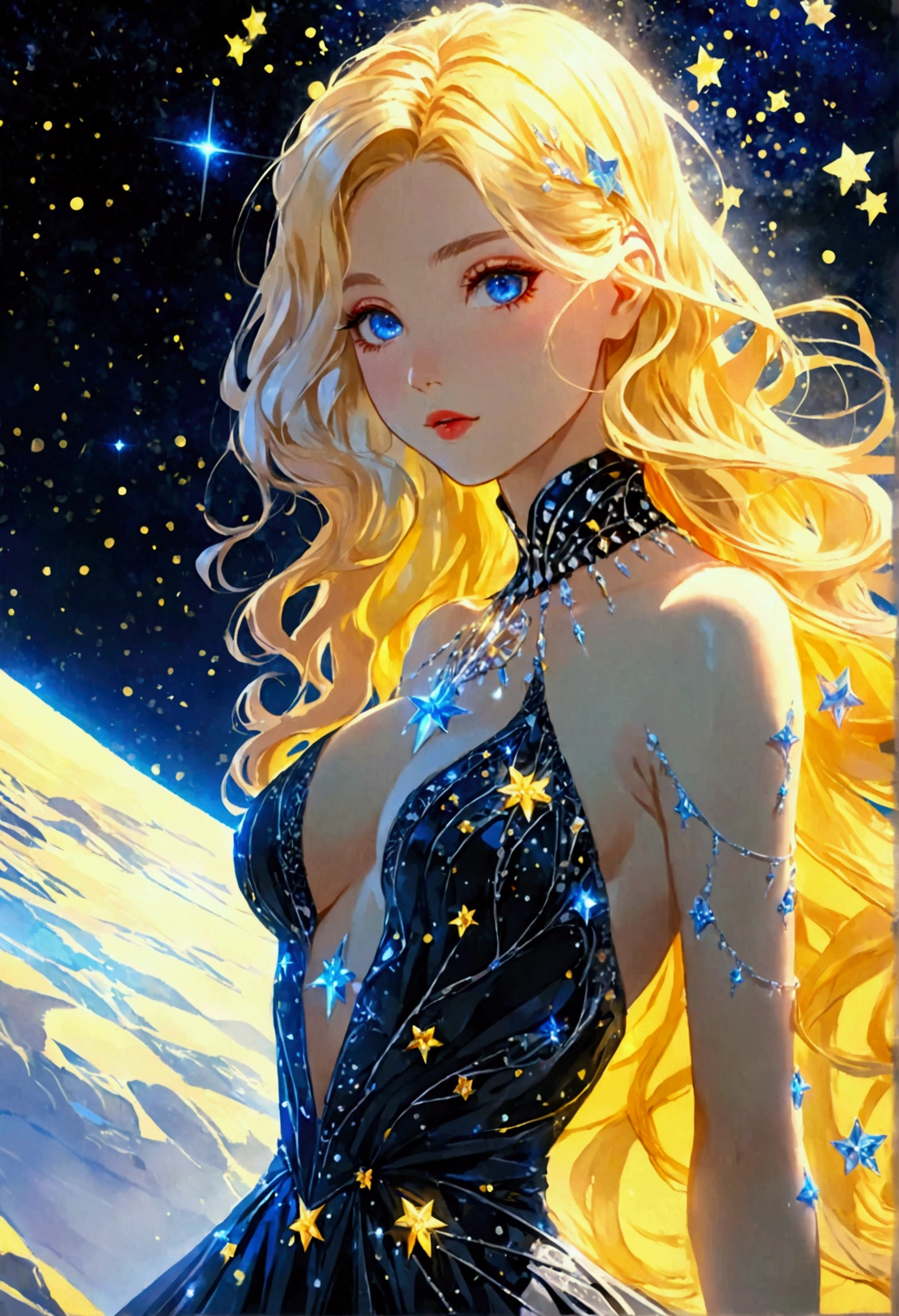 a glamour picture shot, of an elite model covered in stars, walking on a (dark catwalk: 1.2), an extraordinary glamourous elite female model, ((full body: 1.5)),  ((anatomically correct: 1.5), (ultra detailed face: 1.2), best detailed face, yrllow hair, long hair, lush hair, glam hair cut, blue eyes, delicate face, light make up, wearing intricate detailed dress, glamour dress, haute couture dress, elite fashion dress, black as night dress, decorated with bright stars, starlight,  small , wearing high heels, elegant high heels, she wears diamond necklace, she is glows in a soft starry light, she walks on asteroid catwalk, elite fashion show background, vibrant, Hyperrealism style, vibrant, Ultra-high resolution, High Contrast, (masterpiece:1.5), highest quality, Best aesthetics), best details, best quality, highres, ultra wide angle, 16k, [ultra detailed], masterpiece, best quality, (extremely detailed) RAW, chumbasket art style, photograph, photograph