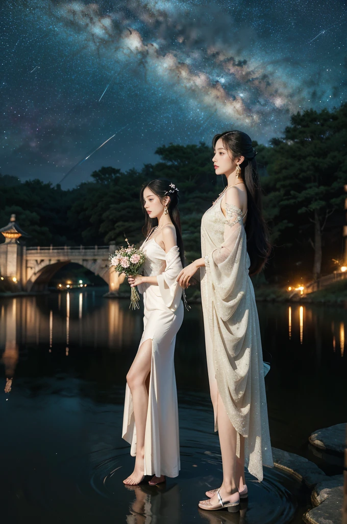 (((best quality))),(((ultra detailed))),(((masterpiece))),illustration,((1 beautiful girl,solo)),(shoulder length straight hair:1.2),((earrings,necklace)),((slim,thin)),((small breasts,flat chest)),(gorgeous sheer red Hanfu:1.3),(slender legs:1.2),(loafers:1.2),(standing:1.3),(on the stone arch bridge:1.3),((starry sky,the Milky Way,horizon)),elegance, grace, sophisticated updo, delicate hairpins, twinkling stars, radiant smile, bright eyes, wonder, beauty of the night sky, intricate patterns, flowers, birds, vibrant colors, ethereal, enchanting, old bridge, weathered, sturdy, natural surroundings, serene, peaceful atmosphere, rippling water, stars, graceful silhouette, magic, tranquility, twinkling stars, mesmerizing canopy of light, cool air, crisp, faint scent of blooming flowers, contemplation, admiration, ancient China, timeless, rich culture, traditions, captivating, enchanting atmosphere, myth, legend,((from front,full body))