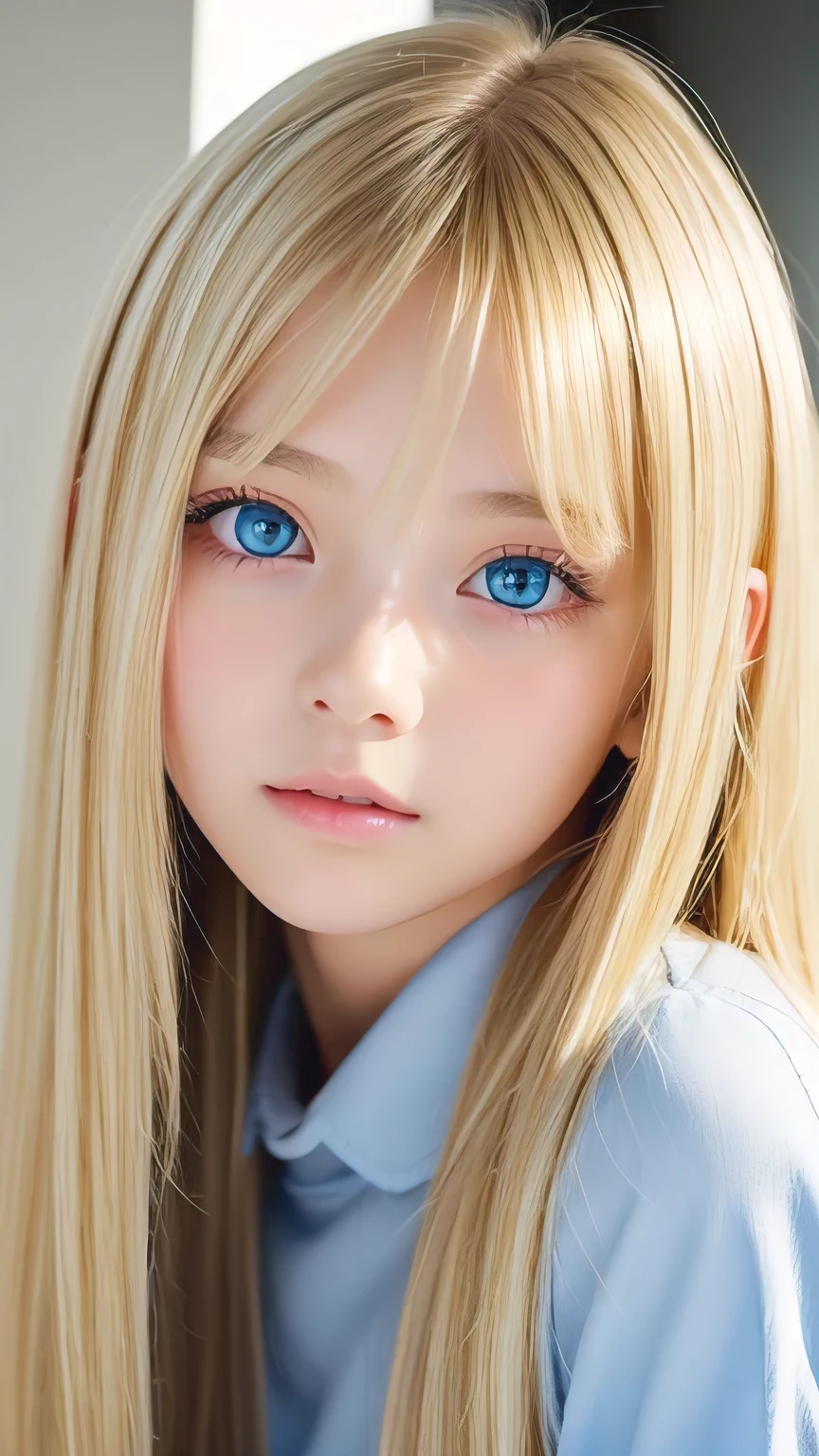 clear shiny skin、13 years old cute sexy little beautiful face、very large and beautiful bright pale sky blue eyes、Very big eyes、Straight long hair that shines in the light、Long, silky bangs that cover her cute eyes、Sexy face hiding hair、Too long hair、sexy cute young beautiful girl、Super long natural young blonde hair with sparkling light highlights Blonde hair above the eyes Blonde hair above one eye、Blonde hair between the eyes、