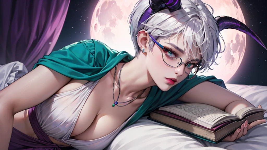 8k, masterpiece, best quality, highly detailed, 1 girl, tiefling, warlock, pixie cut, multicolored hair, very short straight hair green highlight hair on white hair, strippled hair, wearing glasses, round glasses, sexy, earrings, navel piercing, night gown, red eyeshadow, long eyelashes, blushed cheek, red lips, necklace, rings, collarbone, mole on face, glamorous, teal clothing, purple clothes, smirk, close up view, rings, looking at viewer, demon horns, solo, bedroom, blue pale moon, lying on bed, holding devil books