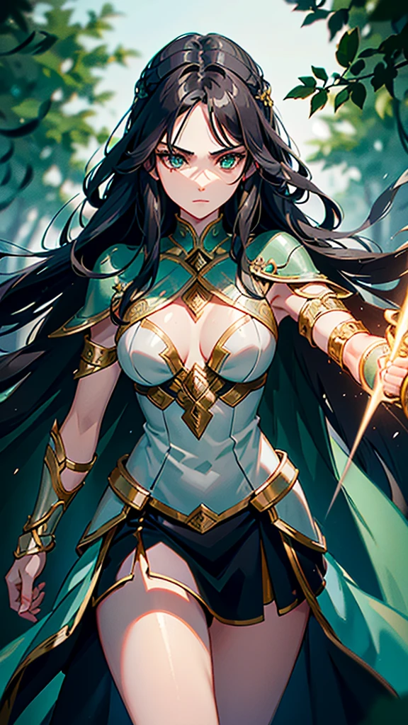 
A young warrior, 16 years old, with long, flowing black hair and striking dark green eyes. She has a strong yet graceful build, reflecting her intense training. Her face is sculpted with delicate features, a defined jawline, and slightly rounded cheekbones. Lunaris is wearing a combination of lightweight, enchanted armor with intricate designs. The armor is adorned with symbols of light and protection. She carries a beautifully crafted bow on her back and a shimmering, enchanted sword at her side. The background is a lush, mystical forest, hinting at her deep connection with the spirits of the forest.

