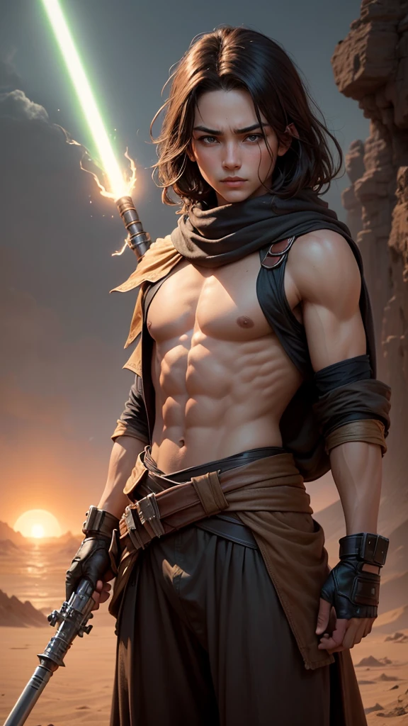 Create a highly realistic, cinematographic portrait of **CENGİZHAN**, a young male hero from the Star Wars universe. CENGİZHAN ist ein mutiger und entschlossener Mann im Alter von etwa 23 yearsn. He has a wild, but sympathetic charisma.
**Details:**
- **Face and expression:**
- Alter: 23 years.
- Skin color: Helle, slightly tanned skin.
- Eyes: size, expressive brown eyes with a touch of determination and curiosity.
- Hair: Short, dark hair, slightly disheveled, which give it an untamed look.
- Expression: A brave, determined look with a touch of innocence and adventurous spirit.
- **Clothing and equipment:**
- Wears a mix of traditional Star Wars clothing and Sith robe.
- A simple, but robust helmet - A worn, leather tunic and matching trousers, which offer both freedom of movement and protection.
- A double-bladed lightsaber.
- **backdrop:**
- A rough, desert-like planet with two suns on the horizon, reminiscent of Tatooine.
- Im backdrop sind verfallene Gebäude und Teile abgestürzter Raumschiffe zu sehen, that create a post-apocalyptic atmosphere.
- **Light and atmosphere:**
- Warmes, golden light of the setting sun, das das Gesicht von CENGİZHAN sanft beleuchtet und seine Entschlossenheit betont.
- Dust and sand, which swirl gently through the air and create a mystical, create an epic atmosphere.
- Deep shadows, which enhance the contrast between light and darkness and give the image a dramatic touch.
**Additional Notes:**
- Pay attention to a high level of detail in the depiction of Cengizhan's facial features and his clothing. The image should have a cinematic quality, as if it were a still from an epic Star Wars movie. The atmosphere should convey excitement and a sense of adventure.