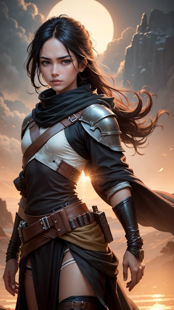 Create a highly realistic, cinematographic portrait of **CENGİZHAN**, a young male hero from the Star Wars universe. CENGİZHAN ist ein mutiger und entschlossener Mann im Alter von etwa 23 yearsn. He has a wild, but sympathetic charisma.
**Details:**
- **Face and expression:**
- Alter: 23 years.
- Skin color: Helle, slightly tanned skin.
- Eyes: size, expressive brown eyes with a touch of determination and curiosity.
- Hair: Short, dark hair, slightly disheveled, which give it an untamed look.
- Expression: A brave, determined look with a touch of innocence and adventurous spirit.
- **Clothing and equipment:**
- Wears a mix of traditional Star Wars clothing and Sith robe.
- A simple, but robust helmet - A worn, leather tunic and matching trousers, which offer both freedom of movement and protection.
- A double-bladed lightsaber.
- **backdrop:**
- A rough, desert-like planet with two suns on the horizon, reminiscent of Tatooine.
- Im backdrop sind verfallene Gebäude und Teile abgestürzter Raumschiffe zu sehen, that create a post-apocalyptic atmosphere.
- **Light and atmosphere:**
- Warmes, golden light of the setting sun, das das Gesicht von CENGİZHAN sanft beleuchtet und seine Entschlossenheit betont.
- Dust and sand, which swirl gently through the air and create a mystical, create an epic atmosphere.
- Deep shadows, which enhance the contrast between light and darkness and give the image a dramatic touch.
**Additional Notes:**
- Pay attention to a high level of detail in the depiction of Cengizhan's facial features and his clothing. The image should have a cinematic quality, as if it were a still from an epic Star Wars movie. The atmosphere should convey excitement and a sense of adventure.