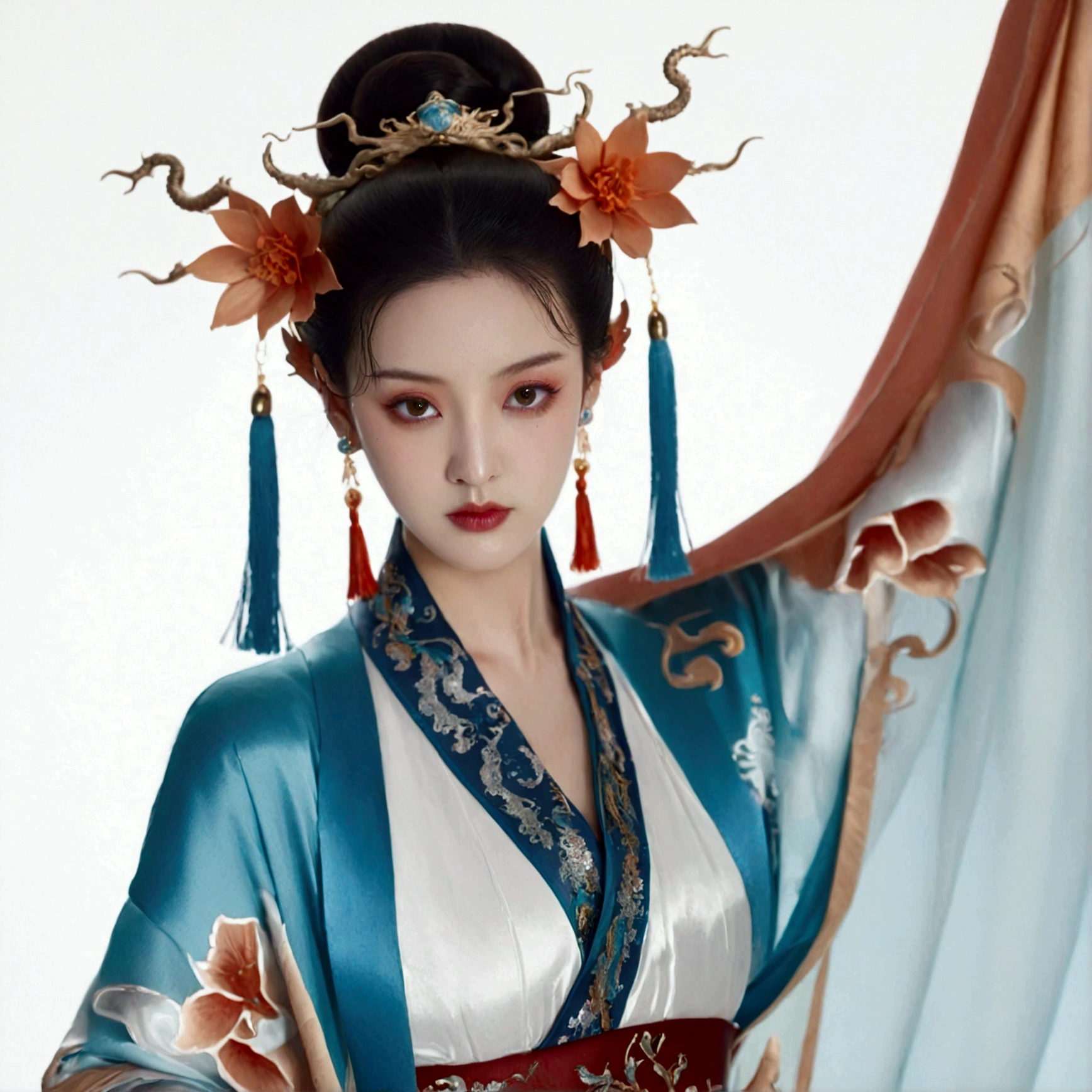 1girl, solo, looking at viewer, black hair, hair ornament, long sleeves, white background, brown eyes, jewelry, closed mouth, upper body, flower, earrings, hair flower, makeup, chinese clothes, tassel, shawl, dragon, hair pulled back, tassel earrings, updo, hanfu