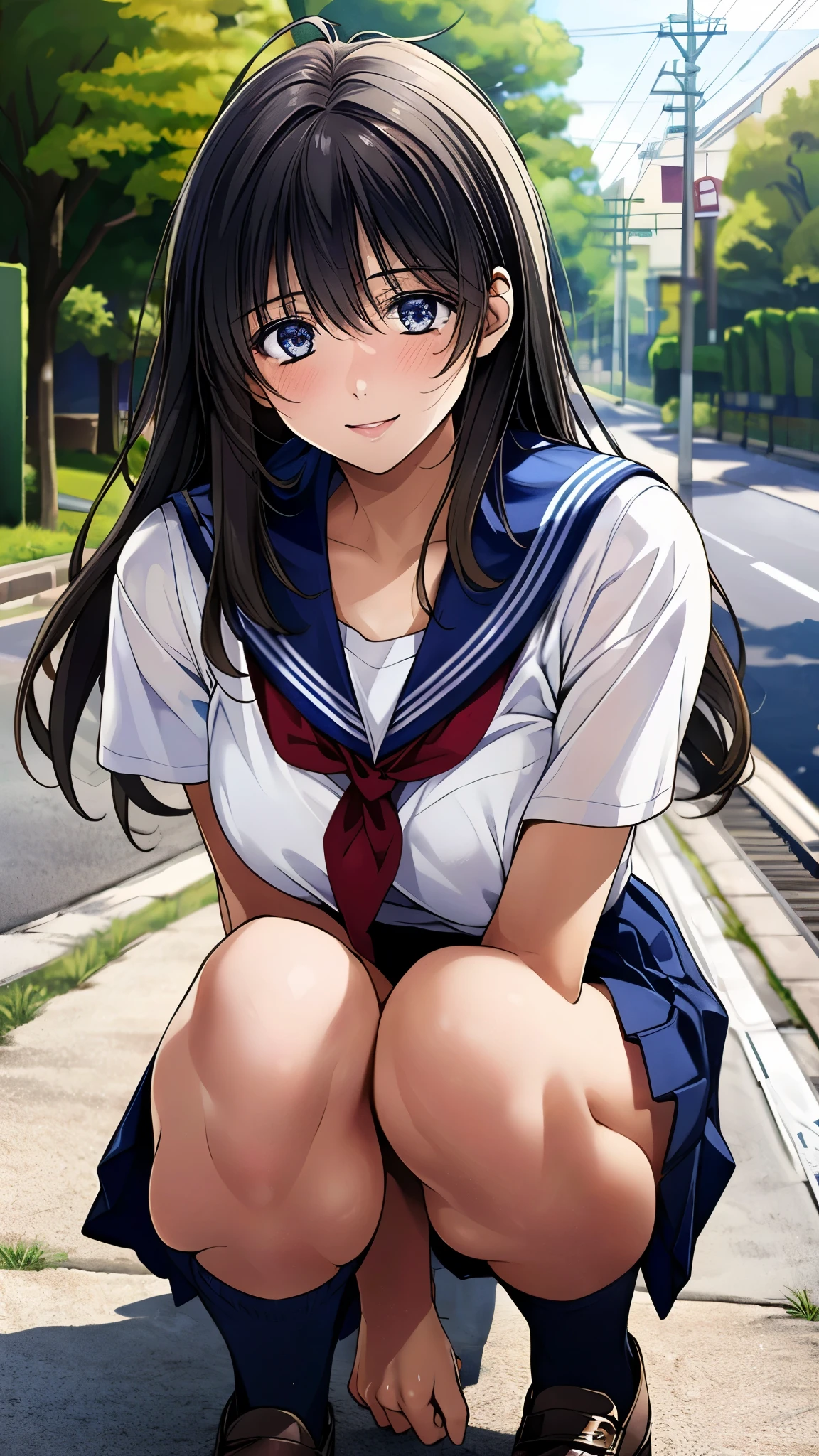 (masterpiece:1.2, top-quality, ultra high res, ultra detailed), (realistic, photorealistic:1.2), beautiful illustration, perfect lighting, natural lighting, colorful, depth of fields, nsfw, vulgality, 
beautiful detailed hair, extremely detailed face, beautiful detailed eyes, beautiful clavicle, beautiful body, beautiful chest, beautiful thigh, beautiful legs, beautiful fingers, 
looking at viewer, 1 girl, kitamurakaori, (perfect anatomy, anatomically correct, super detailed skin), cute and symmetrical face, 
perfect face, perfect eyes, perfect body, perfect fingers, (skindentation), white skin, shiny skin,  
(long hair, straight hair, messy hair:0.6, black hair), swept bangs, blue eyes, drooping eyes, long eyelashes, (medium breasts, seductive thighs), slender, outstanding style, 
short sleeve, blue sailor suit, pleated skirt, red sailor scarf, black socks, school bug, 
(beautiful scenery), evening, (tree-lined street), squatting, (smile, parted lips), 