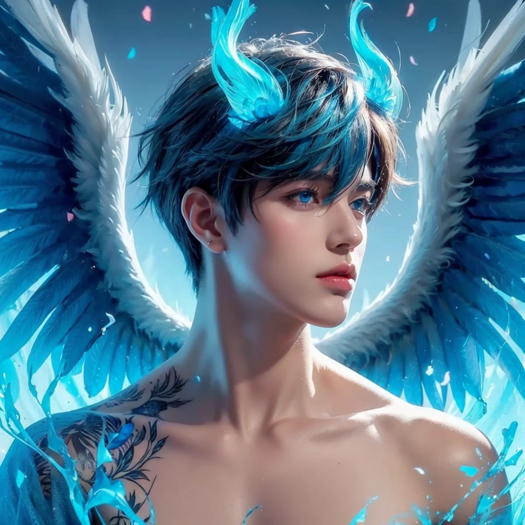 Handsome boy, blue hair, shining blue eyes, blue wings