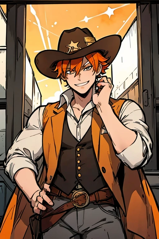 Perfect face. Perfect hands. An orange haired male cowboy with orange eyes and orange fox ears and an orange fox tail in a sheriff's outfit is watching the stars in a wild west town with a big smile