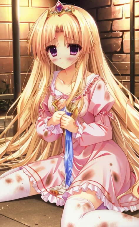 Beautiful long blonde Princess in a pink dress Long sleeve Shyness night dirty w_prison Tears are overflowing from my eyes