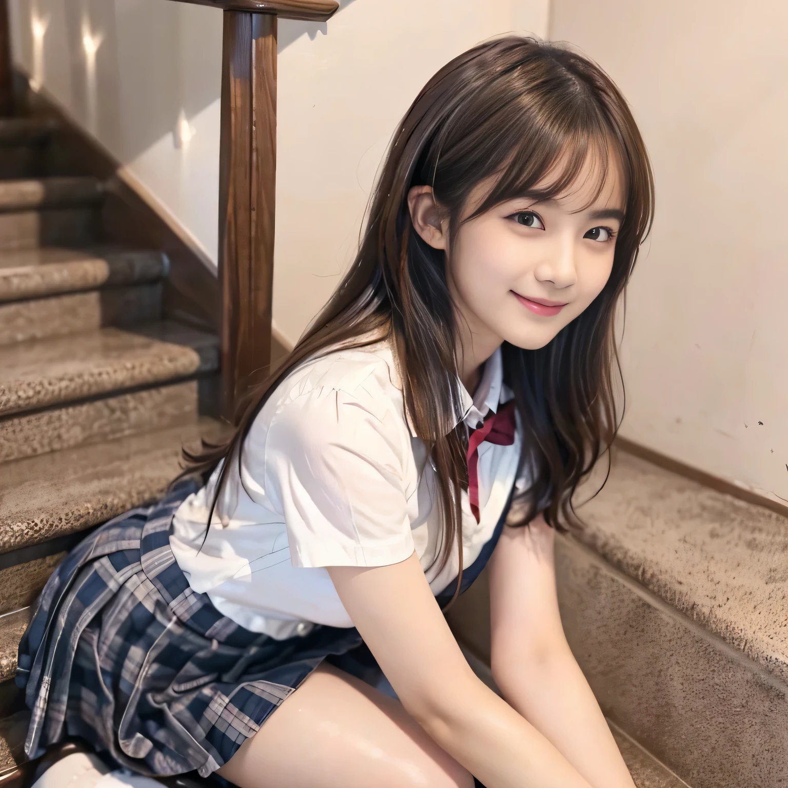 top-quality、Top image quality、​masterpiece、Photos showing the whole body、18yo woman, hi-school girl、White short sleeve collar shirt、checked skirt、lowfers、dark brown hair、waved hair、Middle Long Hair、bangss、Puffy nipple、Medium milk, cute smile face、(((sit on stairs、open one's legs、Open knees)))、(Emphasis on the chest)、sexy hips、stairs at school、Photo from below、Pink panty、Photos showing the whole body