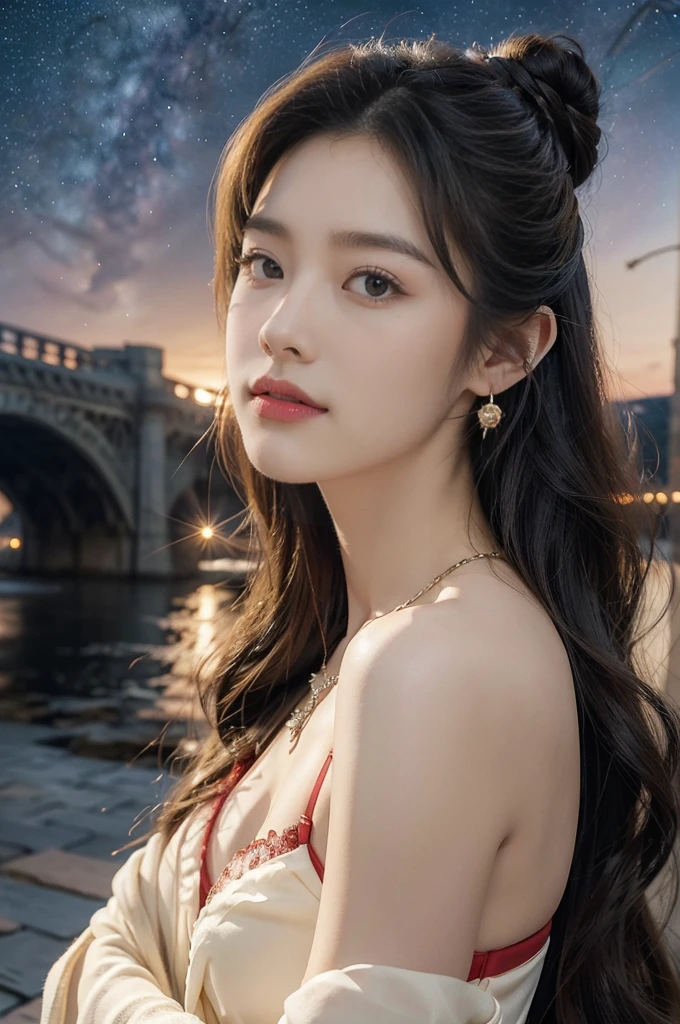 (((best quality))),(((ultra detailed))),(((masterpiece))),illustration,((1 beautiful girl,solo)),(shoulder length straight hair:1.2),((earrings,necklace)),((slim,thin)),((small breasts,flat chest)),(gorgeous sheer red bra:1.3),(standing:1.3),(on the stone arch bridge:1.3),((starry sky,the Milky Way,horizon)),elegance, grace, sophisticated updo, delicate hairpins, twinkling stars, radiant smile, bright eyes, wonder, beauty of the night sky, intricate patterns, flowers, birds, vibrant colors, ethereal, enchanting, old bridge, weathered, sturdy, natural surroundings, serene, peaceful atmosphere, rippling water, stars, graceful silhouette, magic, tranquility, twinkling stars, mesmerizing canopy of light, cool air, crisp, faint scent of blooming flowers, contemplation, admiration, ancient China, timeless, rich culture, traditions, captivating, enchanting atmosphere, myth, legend,((from front,close-up of face))