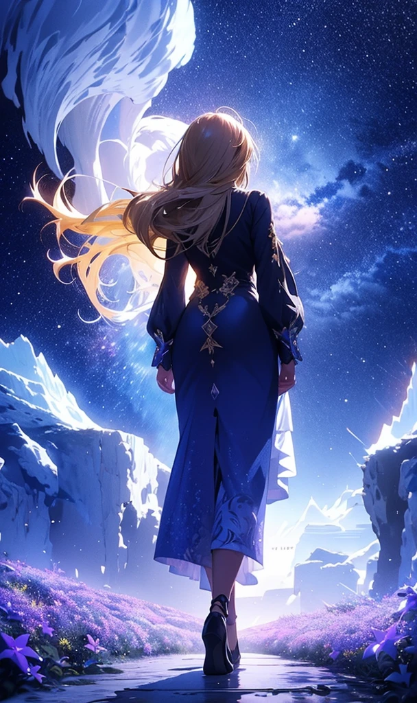 1people々々々々々々々々々々々々,Blonde long-haired woman,Fairy, Dress Silhouette, Rear View,Space Sky, Ice World,Colorful flowers,shooting star々,