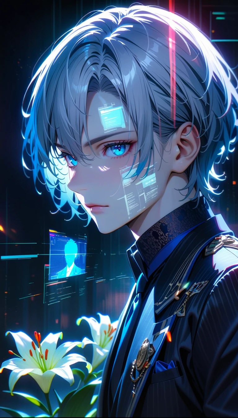 Masterpiece, Best Quality, Super Detailed, High Definition, Expensive Resolution, HDR, Super Detailed CG, Beautiful Details, Depth, Fine Texture, Super Fine, Complete concentration, Pale skin, Handsome man, smart and cool man, confident, short hair, white hair, blue hair highlight, beautiful detail eyes, blue eyes, full details black tuxedo suit, blue trim, 1 male, pin a lily on one's chest, Cold face and eyes, closed mouth, ethereal atmosphere, lily garden, intricate details, volumetric lighting, atmospheric lighting, lens flare, particles, Cinematic light, colorful light, white colors schemes, Holding a white lily flower, fine detail, intricate, beautiful detailed glow, extremely detailed eyes and face, futuristic, hlpr, (hologram, glitch, holographic face, ui, interface, nodes), white hair 