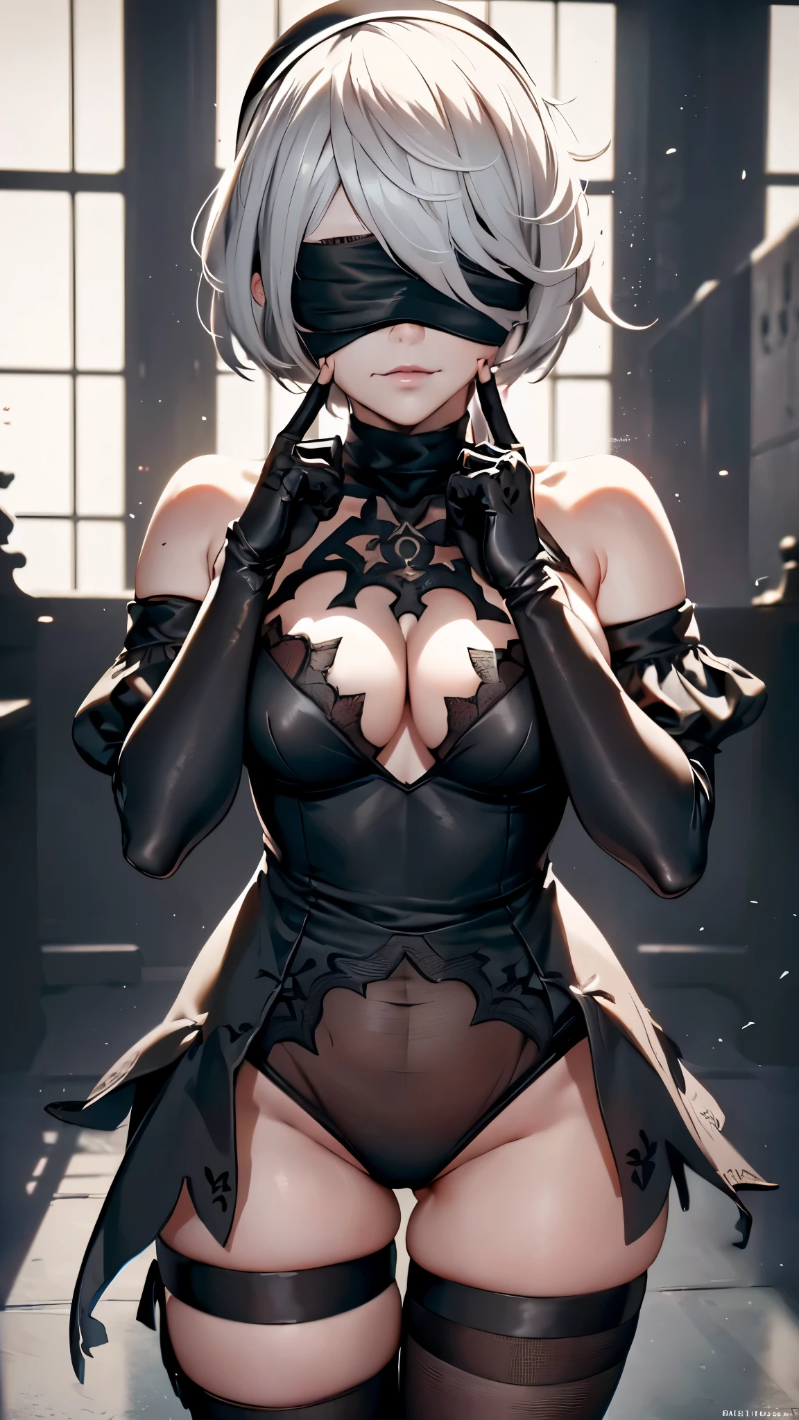 1 girl(YoRHa 2-gou B-gata "2B" - Nier: Automata), (black blindfold:1.5), black hairband, blindfold, hairband, short hair, white hair, beautiful detailed lips, extremely detailed face, longeyelashes, detailed skin, slender sexy body, toned skin, sharp facial features, high cheekbones, long elegant legs, crouching pose, fingersmile, finger to mouth, (best quality,4k,8k,highres,masterpiece:1.2),ultra-detailed,(realistic,photorealistic,photo-realistic:1.37),cinematic lighting,dramatic lighting,dramatic shadows,high contrast,chiaroscuro,moody,sensual,erotic,nsfw