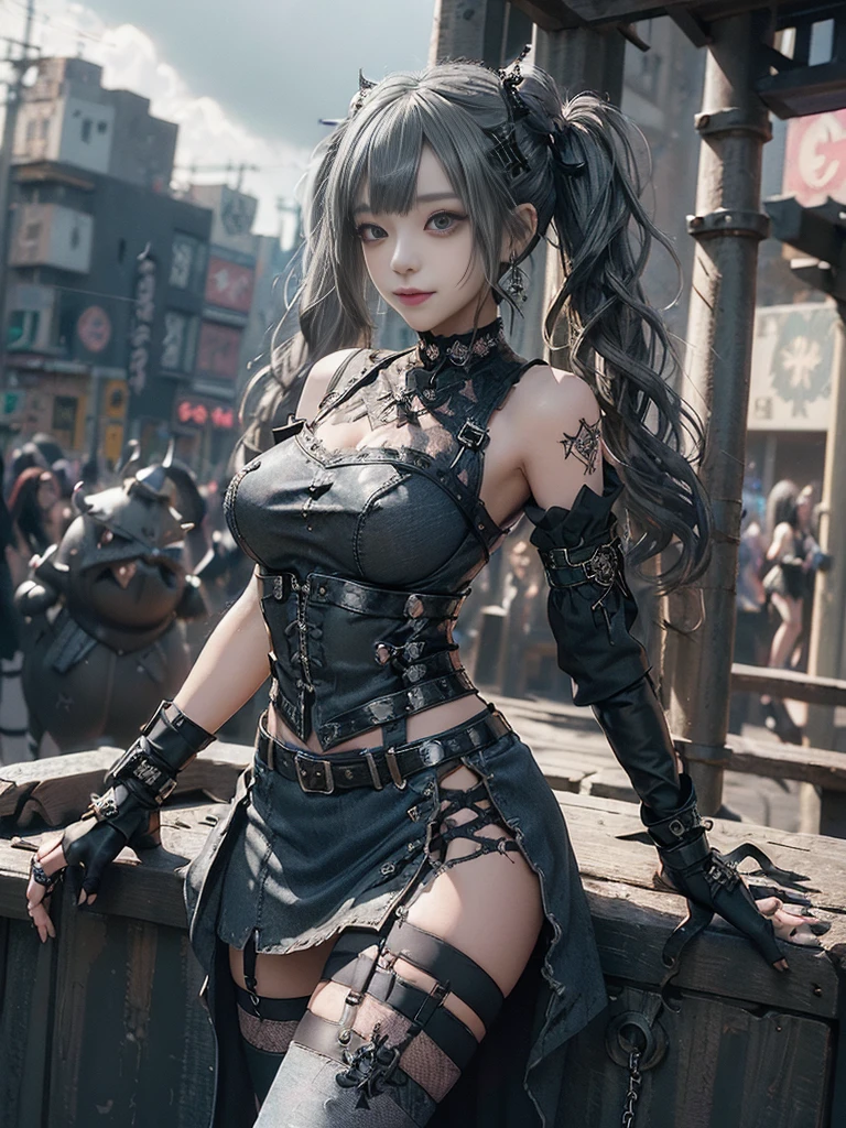 (Smiling with teeth showing:1.3),(Shibuya Gal:1.5)、(Fashion in the style of Gothic Lolita:1.5)、(Punk rock visual kei:1.4)、(Brown denim and black medieval royal mini skirt dress:1.5)、(Brown denim and black medieval arm covers and bustier:1.5)、(Brown high heels:1.3)、(Wearing silver accessories:1.5)、(Brown lace collar:1.4)、(Black Leather Garter Belt:1.4)、(Brown Skin Belt:1.3)、(Black lace underwear:1.5)、20-year-old、Browsing Caution、((Highest quality、In 8K、masterpiece:1.3))、Sharp focus:1.2、(Layered Cut、Huge boobs:1.1),Beautiful woman with perfect figure:1.4、(Dance vigorously:1.3)、Slim Abs:1.2、Highly detailed face and skin texture、Detailed eyes、double eyelid,(Twin tails:1.3)、(Dark silver hair:1.3)、Idol Sculpture、(Caribbean cityscape in the background:1.3)、(The body is slim:1.2),(Slimming your legs:1.4),（clavicle:1.1）