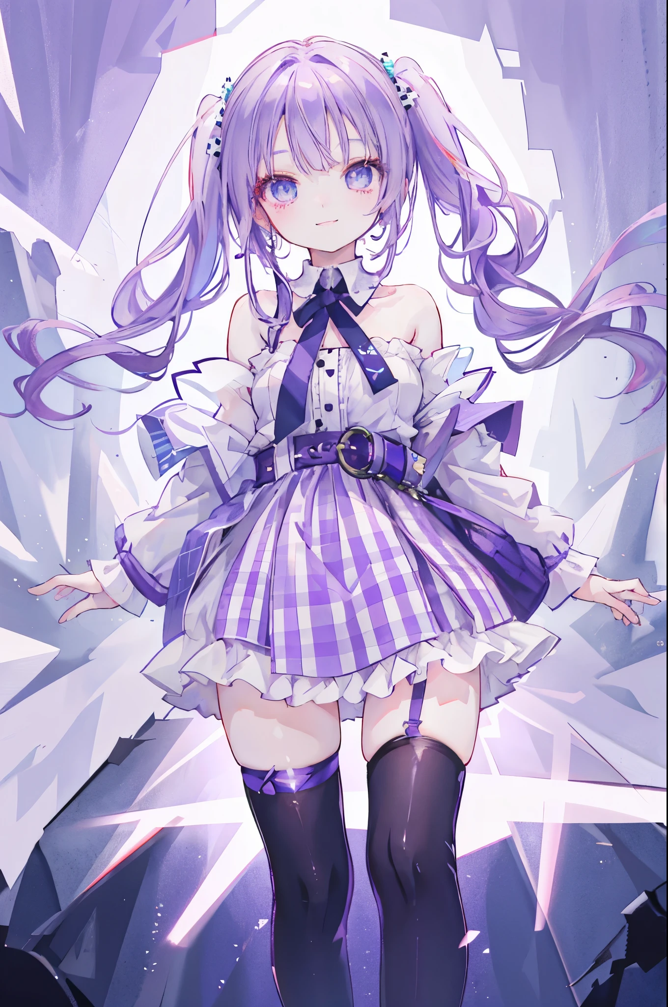 Highest quality,smile,woman,cute,Twin tails,Purple Hair,Light blue eyes,White off-the-shoulder tops,Checkered mini skirt,Background white,Plain background,