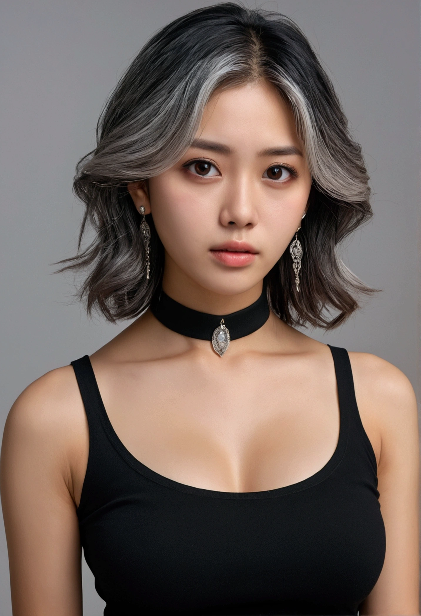 real, RAW photo, extremely delicate and beautiful, masterpiece, Best Quality, ultra high resolution, 32k, hyperrealistic, ultra-detailed, in her 20s, delicate facial features, tearful mole, earring, big breasts, closeup shot, shorter middle hair, black hair, short pencil skirt, black shirt, collared dress shirt, sleeveless, topless, best quality, ultra high res, (photorealistic:1.4), pretty girl, tanktop black shirt, black tight skirt, black choker, (faded ash gray hair:1), medium breasts, looking at viewer, closeup, (pretty face) , southeast asia girl, (RAW photo, best quality,high quality,highres), (realistic, photo-realistic), ultra-detailed,(front lighting)