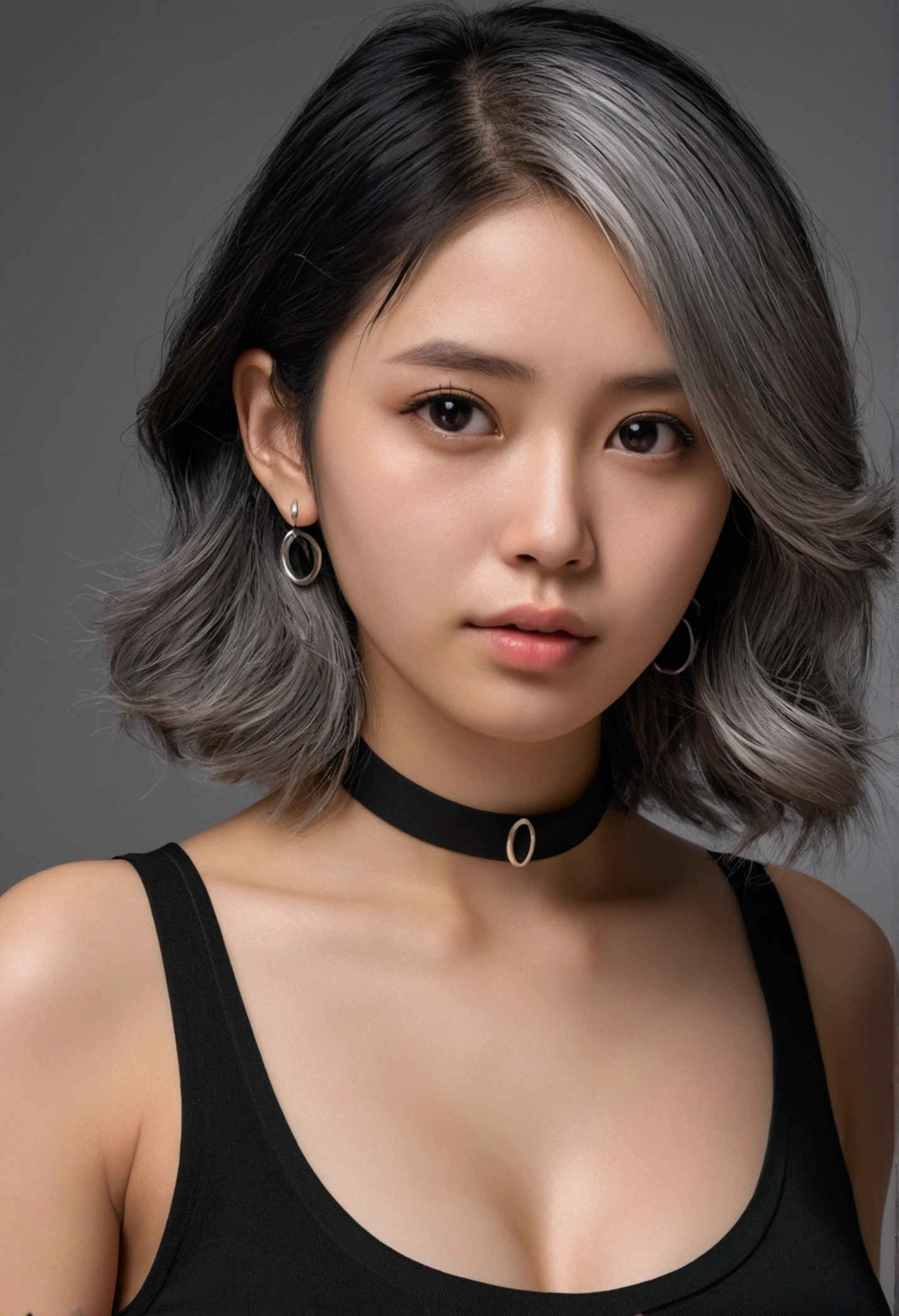 real, RAW photo, extremely delicate and beautiful, masterpiece, Best Quality, ultra high resolution, 32k, hyperrealistic, ultra-detailed, in her 20s, delicate facial features, tearful mole, earring, big breasts, closeup shot, shorter middle hair, black hair, short pencil skirt, black shirt, collared dress shirt, sleeveless, topless, best quality, ultra high res, (photorealistic:1.4), pretty girl, tanktop black shirt, black tight skirt, black choker, (faded ash gray hair:1), medium breasts, looking at viewer, closeup, (pretty face) , southeast asia girl, (RAW photo, best quality,high quality,highres), (realistic, photo-realistic), ultra-detailed,(front lighting)