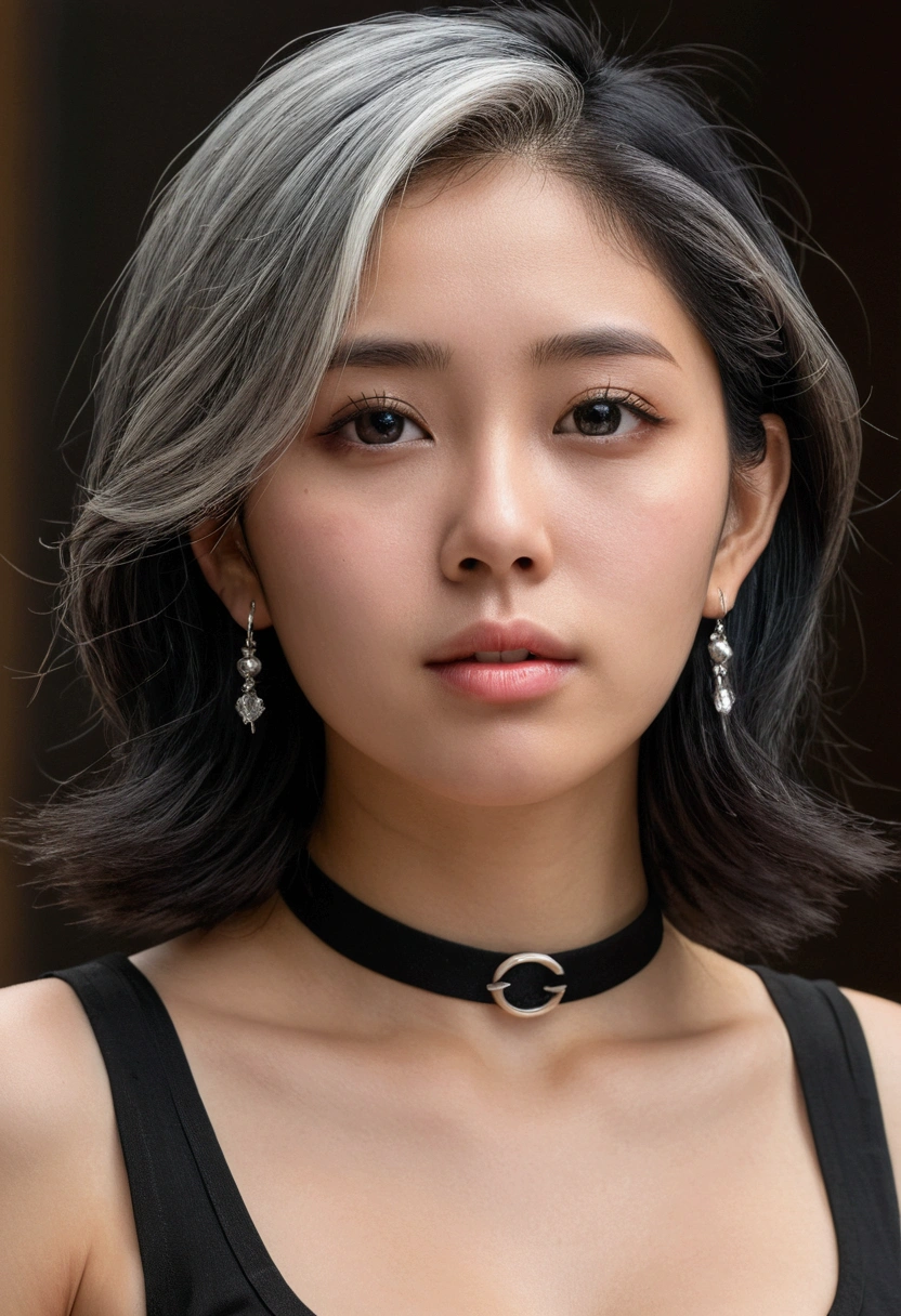 real, RAW photo, extremely delicate and beautiful, masterpiece, Best Quality, ultra high resolution, 32k, hyperrealistic, ultra-detailed, in her 20s, delicate facial features, tearful mole, earring, big breasts, closeup shot, shorter middle hair, black hair, short pencil skirt, black shirt, collared dress shirt, sleeveless, topless, best quality, ultra high res, (photorealistic:1.4), pretty girl, tanktop black shirt, black tight skirt, black choker, (faded ash gray hair:1), medium breasts, looking at viewer, closeup, (pretty face) , southeast asia girl, (RAW photo, best quality,high quality,highres), (realistic, photo-realistic), ultra-detailed,(front lighting)