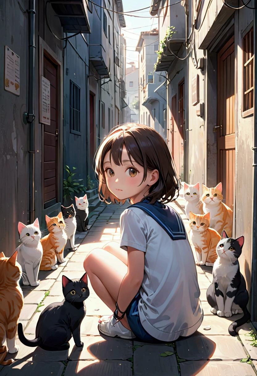 best quality, high resolution, distinct image, (many (detailed) little cats) and one girl:1.3), focus on cat, little (detailed) cats around girl,background is back alley, detasiled sunlight, sitting, girl looking viewer, front view, (cats looking viewer:1.2), sitting on the floor grasping knees, (happy:1.3) , (kitten)