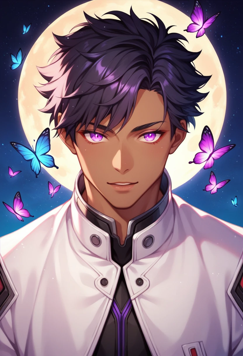 Dark skin man, curly black hair, surrounded by butterflies, crystal futuristic outfit, soft pretty face, ethereal, beautiful moon background, anime style, fierce look, glowing purple eyes