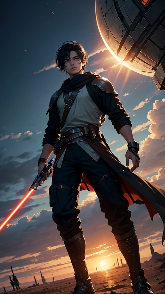 
Create a highly realistic, cinematographic portrait of **CENGİZHAN**, a young male hero from the Star Wars universe. CENGİZHAN ist ein mutiger und entschlossener Mann im Alter von etwa 23 yearsn. He has a wild, but sympathetic charisma. 

**Details:**

- **Face and expression:**
  - Alter: 23 years.
  - Skin color: Helle, slightly tanned skin.
  - Eyes: size, expressive brown eyes with a touch of determination and curiosity.
  - Hair: Short, dark hair, slightly disheveled, which give it an untamed look.
  - Expression: A brave, determined look with a touch of innocence and adventurous spirit.

- **Clothing and equipment:**
  - Wears a mix of traditional Star Wars clothing and Sith robe.
  - A simple, but robust helmet - A worn, leather tunic and matching trousers, which offer both freedom of movement and protection.
  - A double-bladed lightsaber.

- **backdrop:**
  - A rough, desert-like planet with two suns on the horizon, reminiscent of Tatooine.
  - Im backdrop sind verfallene Gebäude und Teile abgestürzter Raumschiffe zu sehen, that create a post-apocalyptic atmosphere.

- **Light and atmosphere:**
  - Warmes, golden light of the setting sun, das das Gesicht von CENGİZHAN sanft beleuchtet und seine Entschlossenheit betont.
  - Dust and sand, which swirl gently through the air and create a mystical, create an epic atmosphere.
  - Deep shadows, which enhance the contrast between light and darkness and give the image a dramatic touch.

**Additional Notes:**
- Pay attention to a high level of detail in the depiction of Cengizhan&#39;s facial features and his clothing. The image should have a cinematic quality, as if it were a still from an epic Star Wars movie. The atmosphere should convey excitement and a sense of adventure.