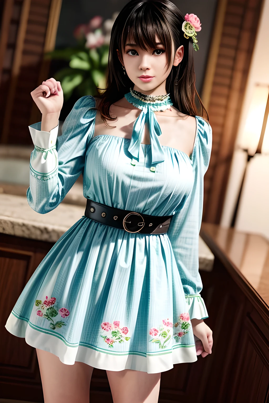 1girl, wearing a light blue floral print dress. The emphasis is on the design of the dress. The top section of the dress is in a wraparound style with a V-neckline and has long, sheer sleeves. There is a fabric belt or sash that is tied into a bow on the left side of the dress, accentuating the waistline. The bottom of the dress has a slight flare, creating a loose and flowing fit. The floral print consists of various flowers and leaves in shades of pink, white, and green, giving the garment a soft and feminine look. The background of the image is pure white, drawing attention to the details of the blouse,huge breasts,Nanami