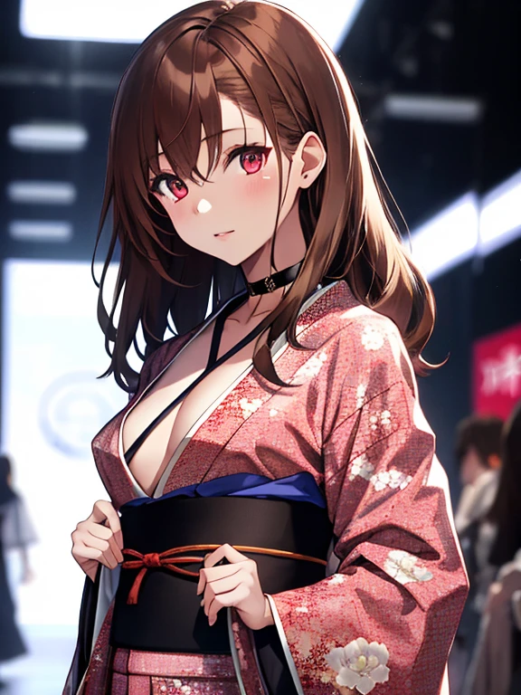 Long-sleeved kimono, Runway, Fashion Model, Misaka Mikoto, 1girl, black choker, uhd, retina, masterpiece, ccurate, anatomically correct, textured skin, super detail, high details, high quality, best quality, highres, 4K